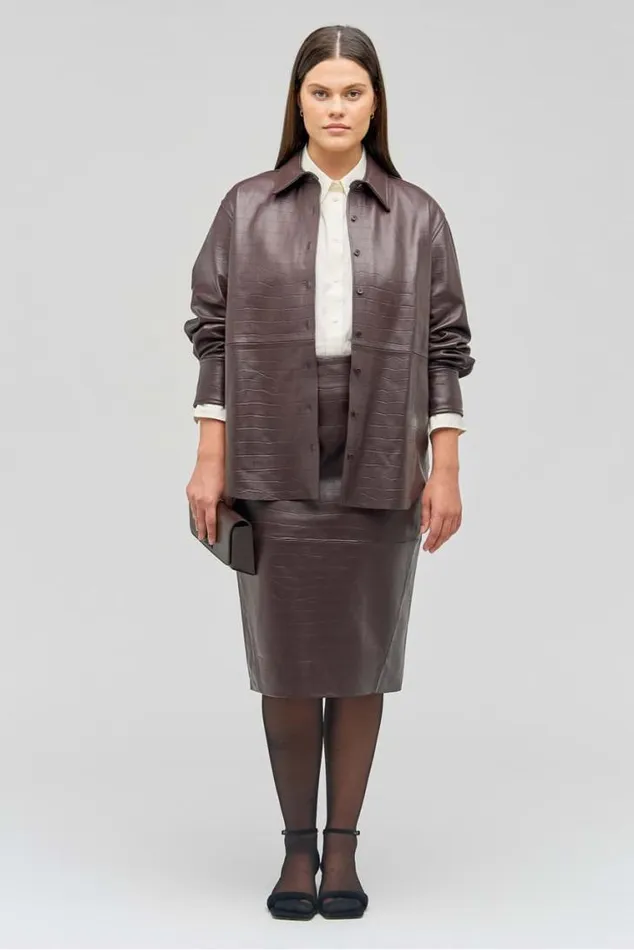 Oroton Skirts Embossed Croc Pencil Skirt Burgundy 8211 Women