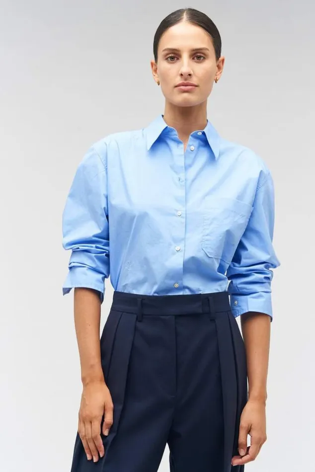 Oroton Tops Poplin Long Sleeve Shirt Delft Blue 8211 Women
