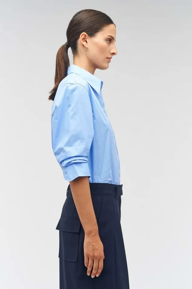 Oroton Tops Poplin Long Sleeve Shirt Delft Blue 8211 Women