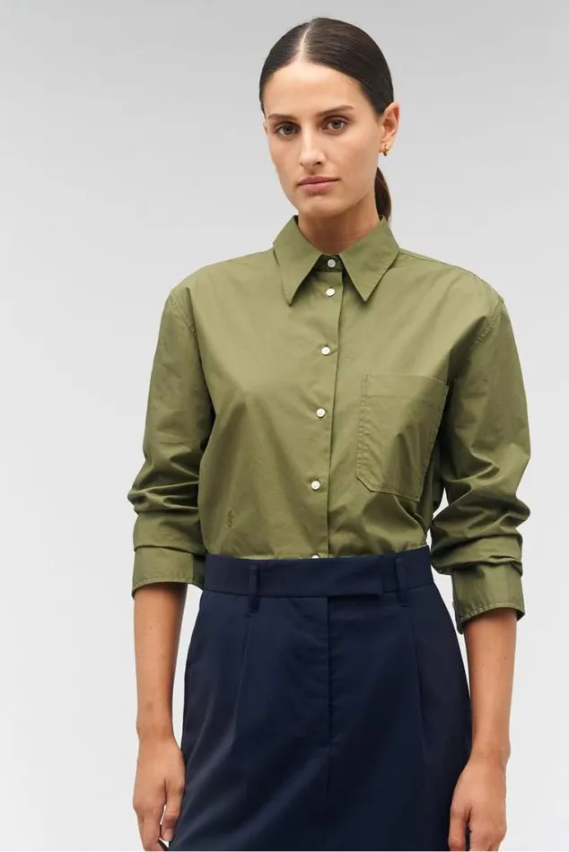Oroton Tops Poplin Long Sleeve Shirt Green Olive 8211 Women