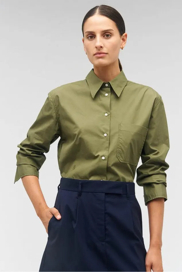 Oroton Tops Poplin Long Sleeve Shirt Green Olive 8211 Women