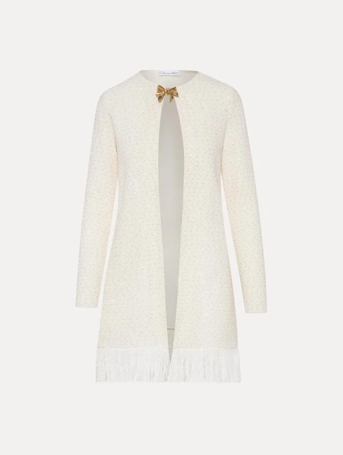 Oscar De La Renta Bow Button Sequin Tweed Coat Ivory Gold Women Jackets and Coats