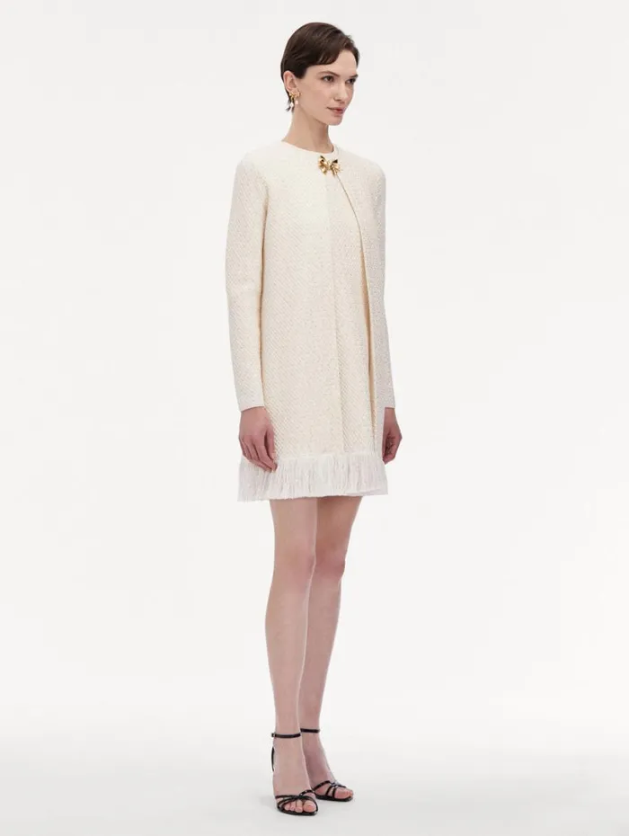 Oscar De La Renta Bow Button Sequin Tweed Coat Ivory Gold Women Jackets and Coats Oscar De La Renta Bow Button Sequin Tweed Coat Ivory Gold Women Jackets and Coats