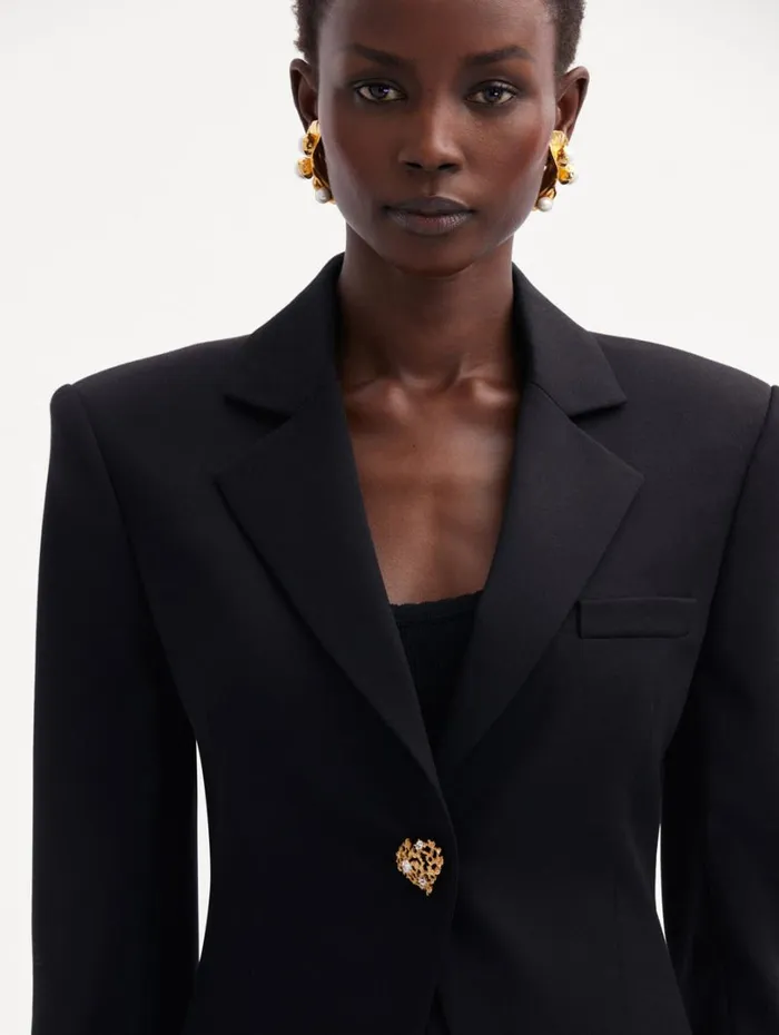 Oscar De La Renta Button Detail SingleBreasted Blazer Black Women Jackets and Coats Oscar De La Renta Button Detail SingleBreasted Blazer Black Women Jackets and Coats