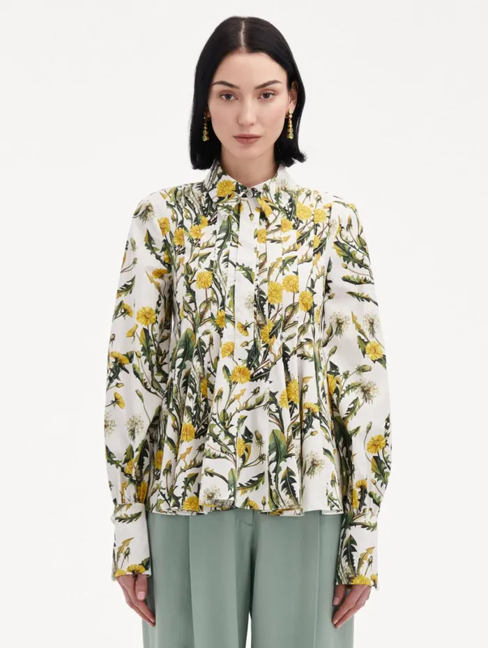 Oscar De La Renta Dandelion Cotton Poplin Blouse Yellow Ivory Women Blouses and Knits