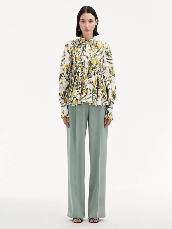 Oscar De La Renta Dandelion Cotton Poplin Blouse Yellow Ivory Women Blouses and Knits