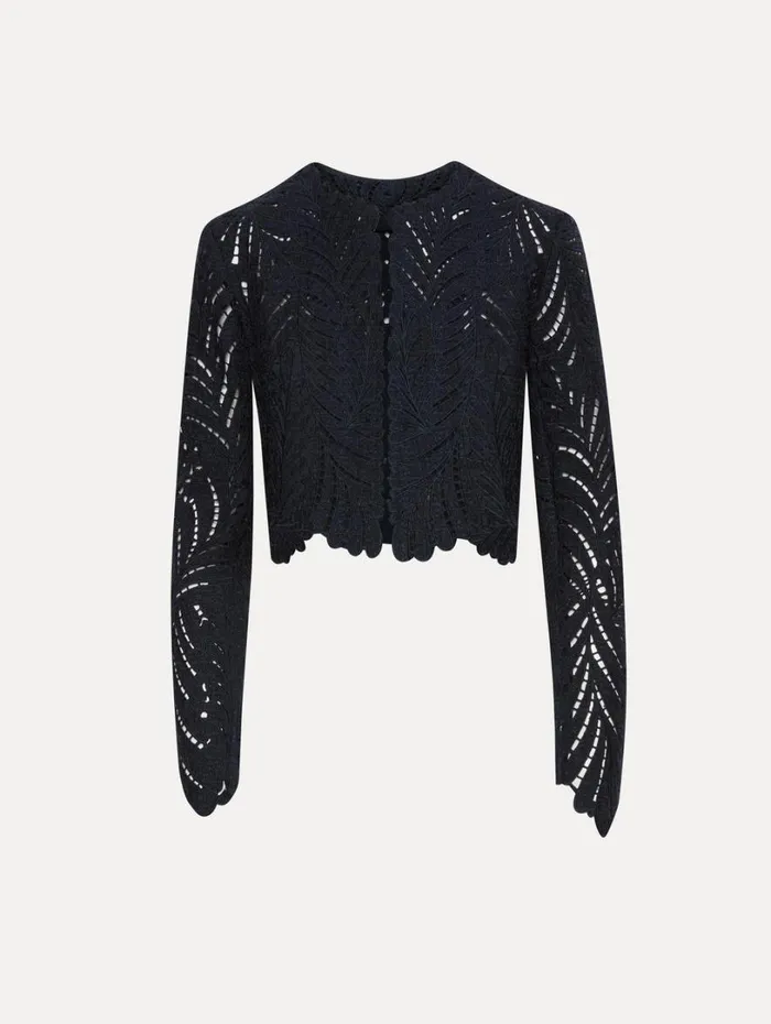 Oscar De La Renta Fern Cutout Tweed Jacket Navy Women Jackets and Coats