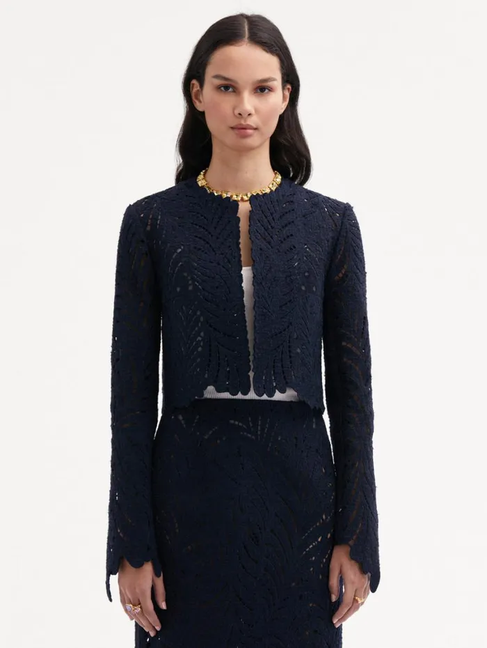 Oscar De La Renta Fern Cutout Tweed Jacket Navy Women Jackets and Coats Oscar De La Renta Fern Cutout Tweed Jacket Navy Women Jackets and Coats