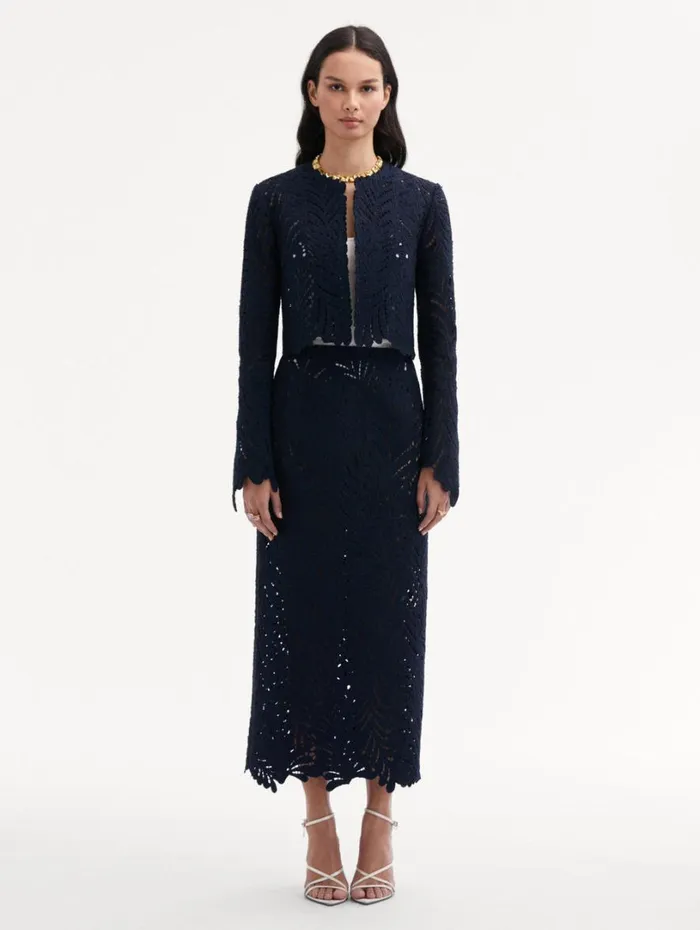 Oscar De La Renta Fern Cutout Tweed Jacket Navy Women Jackets and Coats Oscar De La Renta Fern Cutout Tweed Jacket Navy Women Jackets and Coats