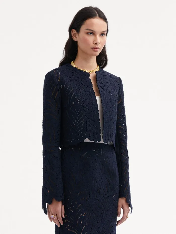 Oscar De La Renta Fern Cutout Tweed Jacket Navy Women Jackets and Coats Oscar De La Renta Fern Cutout Tweed Jacket Navy Women Jackets and Coats