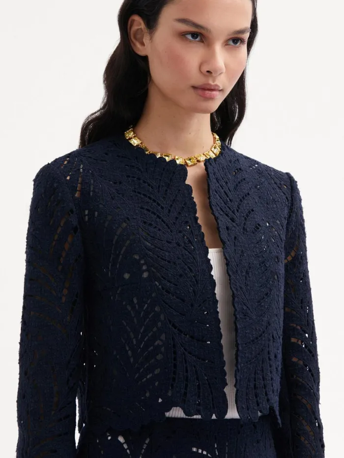 Oscar De La Renta Fern Cutout Tweed Jacket Navy Women Jackets and Coats Oscar De La Renta Fern Cutout Tweed Jacket Navy Women Jackets and Coats