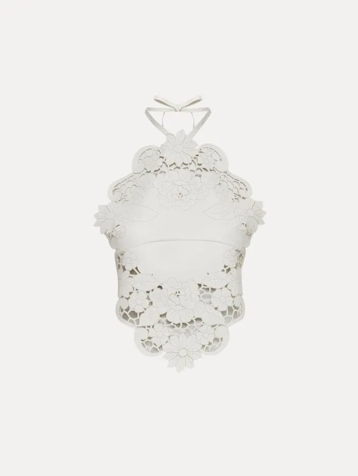 Oscar De La Renta Laser Cut Floral Leather Halter Top White Women Blouses and Knits