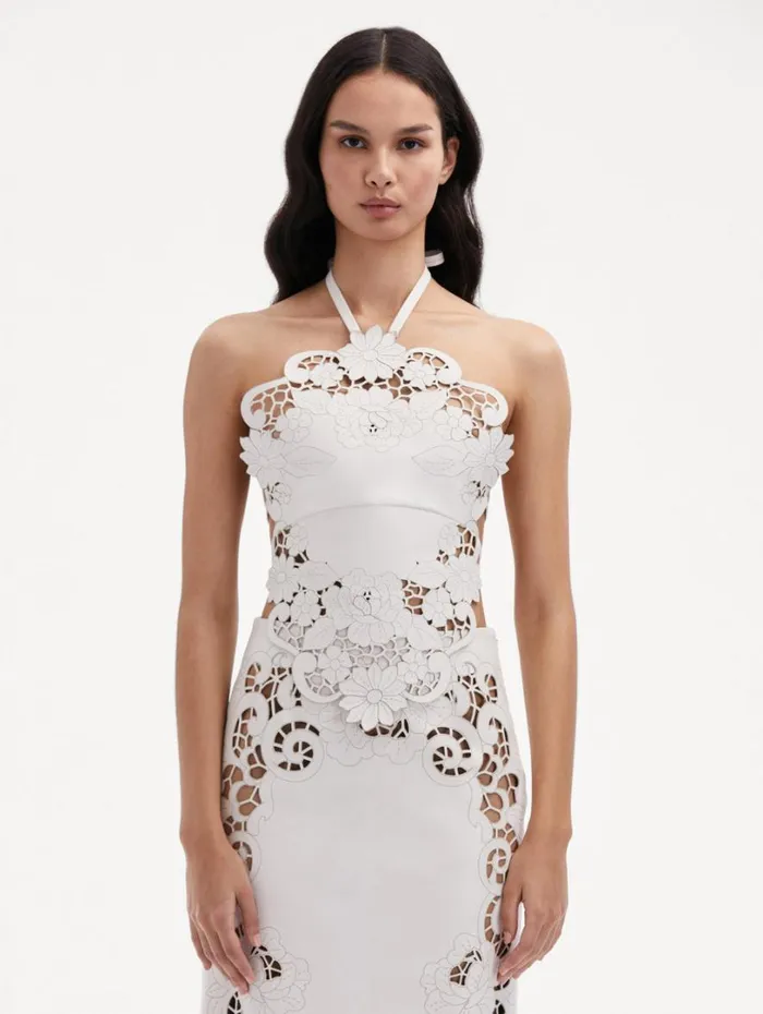 Oscar De La Renta Laser Cut Floral Leather Halter Top White Women Blouses and Knits