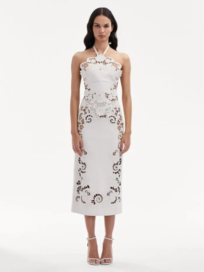 Oscar De La Renta Laser Cut Floral Leather Halter Top White Women Blouses and Knits