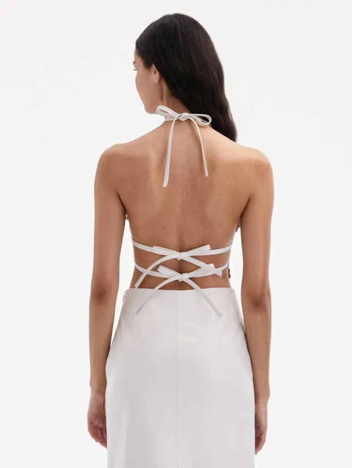 Oscar De La Renta Laser Cut Floral Leather Halter Top White Women Blouses and Knits