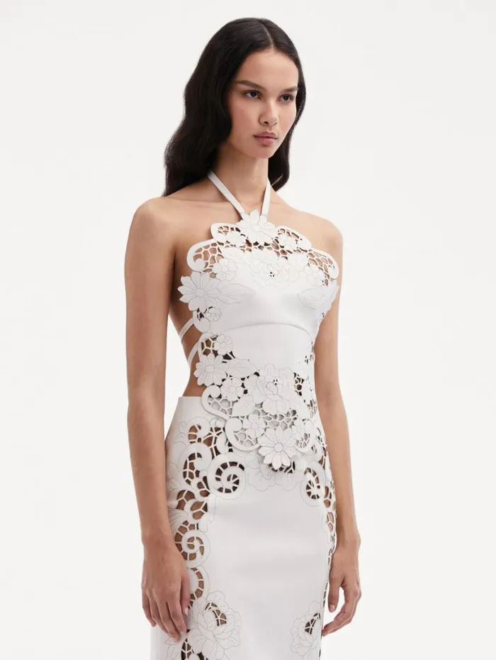 Oscar De La Renta Laser Cut Floral Leather Halter Top White Women Blouses and Knits