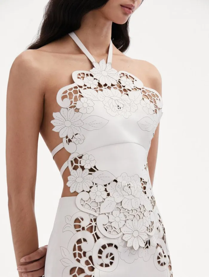 Oscar De La Renta Laser Cut Floral Leather Halter Top White Women Blouses and Knits