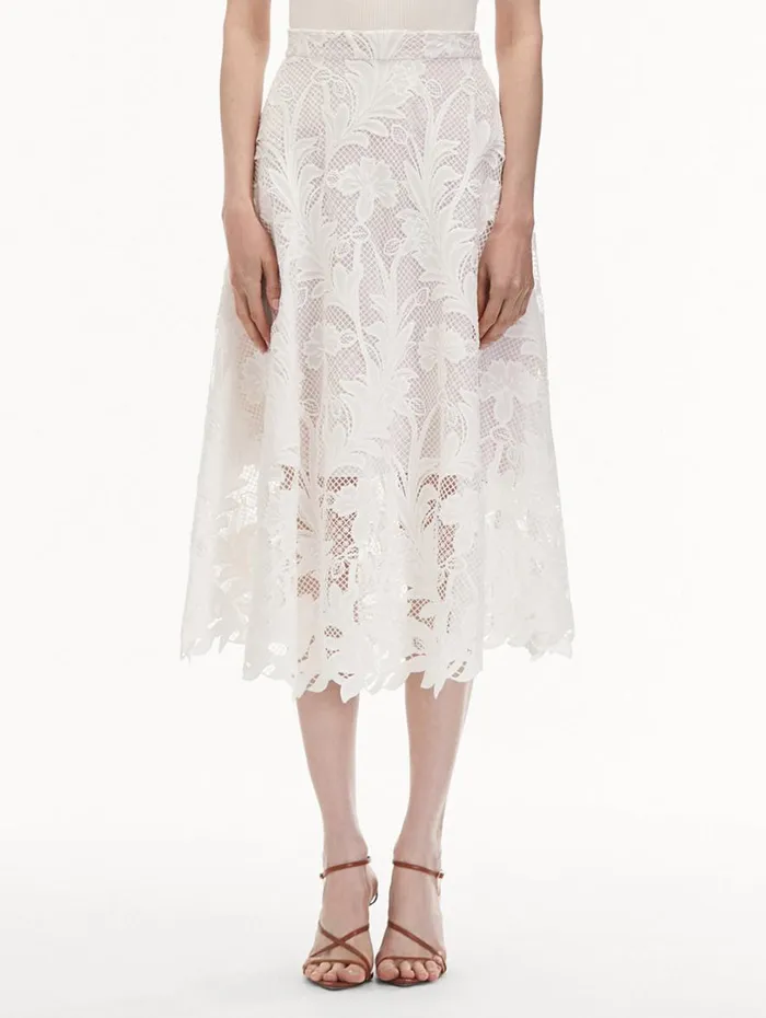 Oscar De La Renta Marbled Carnation Guipure Skirt White Women Pants and Skirts