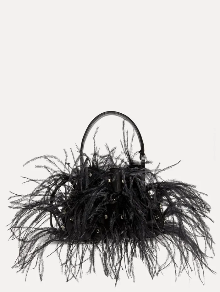 Oscar De La Renta Nano Ostrich Feather O Handle Bag Black Women Handbags