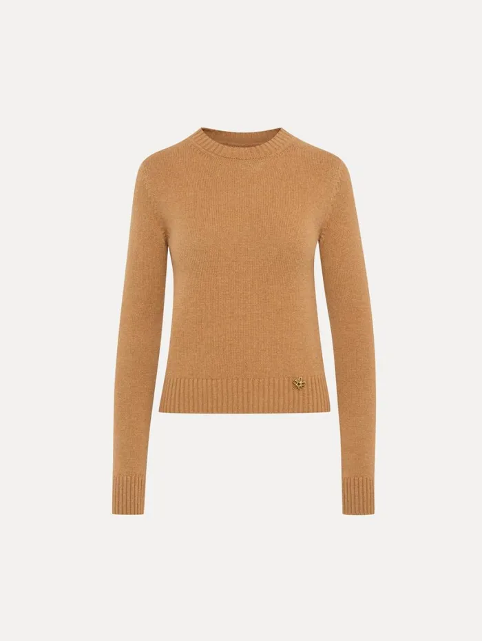 Oscar De La Renta O Flower Cashmere Pullover Camel Women Blouses and Knits