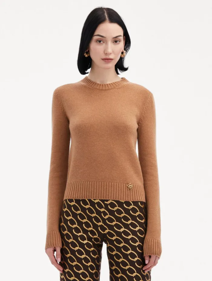 Oscar De La Renta O Flower Cashmere Pullover Camel Women Blouses and Knits Oscar De La Renta O Flower Cashmere Pullover Camel Women Blouses and Knits
