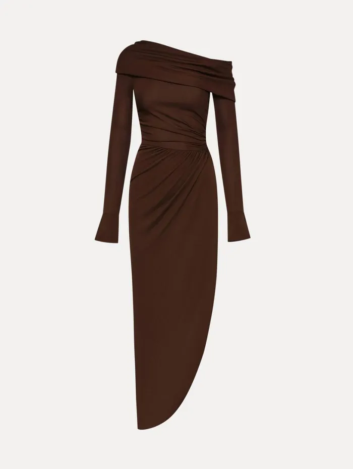 Oscar De La Renta Off Shoulder Jersey Cocktail Dress Chocolate Women Dresses