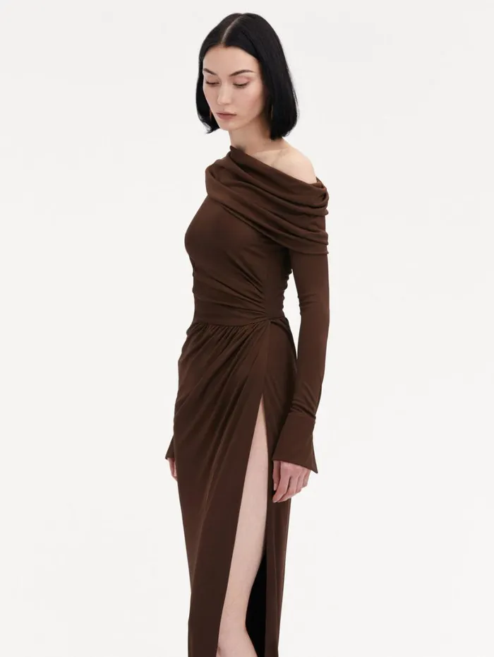 Oscar De La Renta Off Shoulder Jersey Cocktail Dress Chocolate Women Dresses Oscar De La Renta Off Shoulder Jersey Cocktail Dress Chocolate Women Dresses
