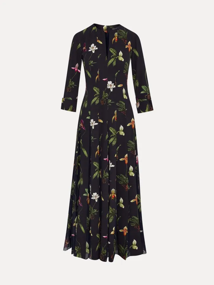 Oscar De La Renta Orchid Cady Inset 34 Sleeve Dress Navy Multi Women Dresses