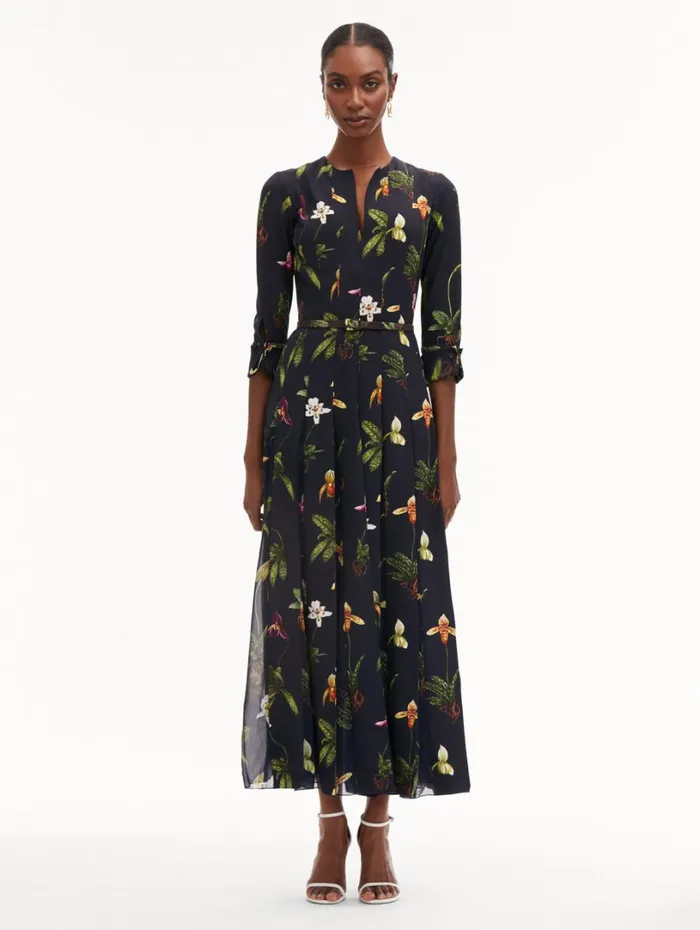 Oscar De La Renta Orchid Cady Inset 34 Sleeve Dress Navy Multi Women Dresses