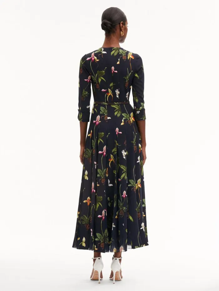Oscar De La Renta Orchid Cady Inset 34 Sleeve Dress Navy Multi Women Dresses