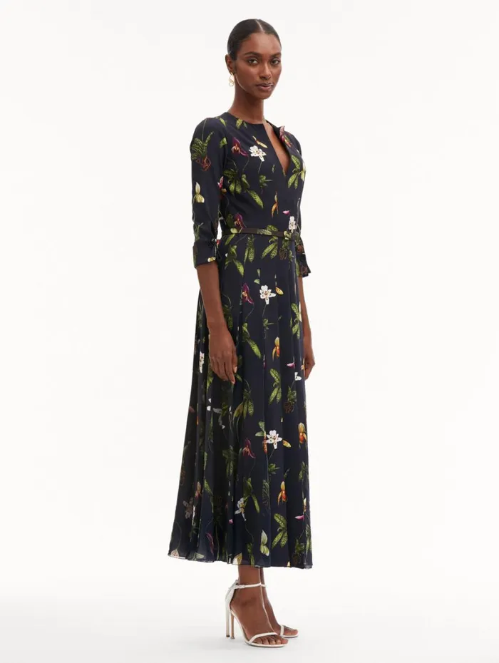 Oscar De La Renta Orchid Cady Inset 34 Sleeve Dress Navy Multi Women Dresses