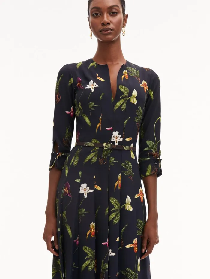Oscar De La Renta Orchid Cady Inset 34 Sleeve Dress Navy Multi Women Dresses