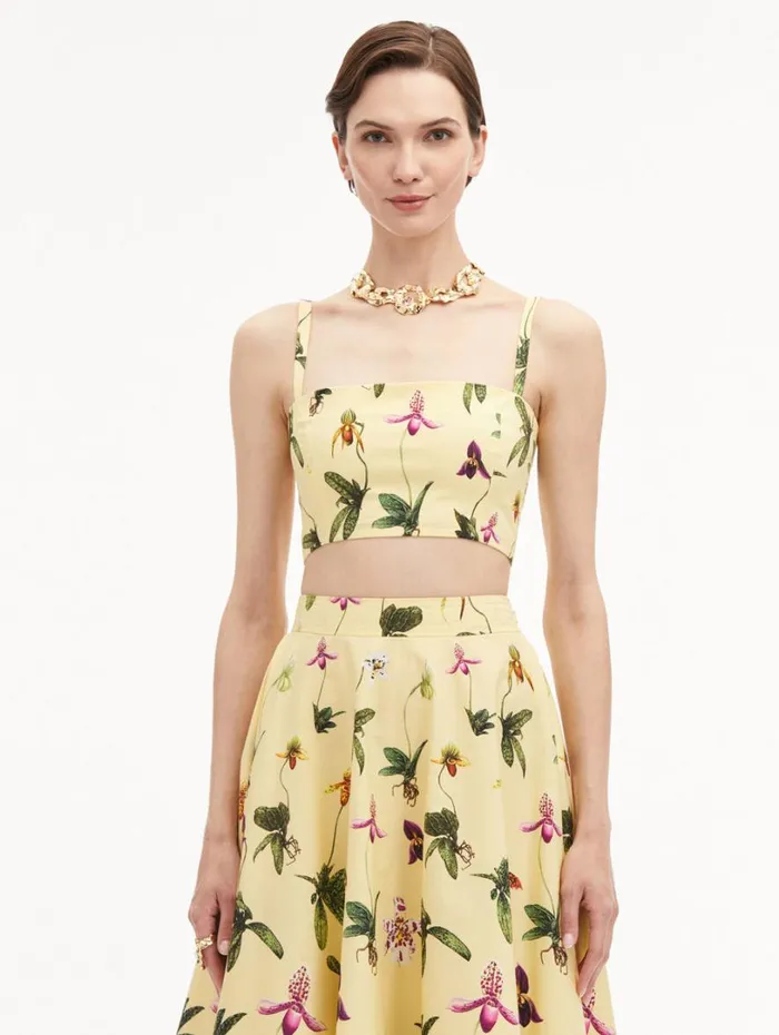 Oscar De La Renta Orchid Cotton Poplin Cropped Tank Yellow Multi Women Blouses and Knits Oscar De La Renta Orchid Cotton Poplin Cropped Tank Yellow Multi Women Blouses and Knits