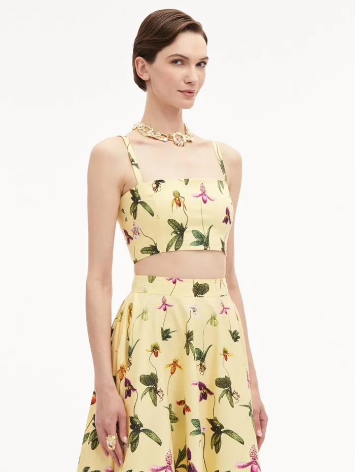 Oscar De La Renta Orchid Cotton Poplin Cropped Tank Yellow Multi Women Blouses and Knits Oscar De La Renta Orchid Cotton Poplin Cropped Tank Yellow Multi Women Blouses and Knits