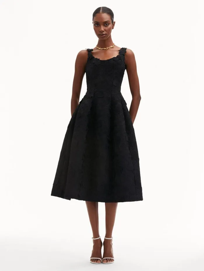 Oscar De La Renta Orchid Embroidered Guipure Dress Black Women Dresses Oscar De La Renta Orchid Embroidered Guipure Dress Black Women Dresses