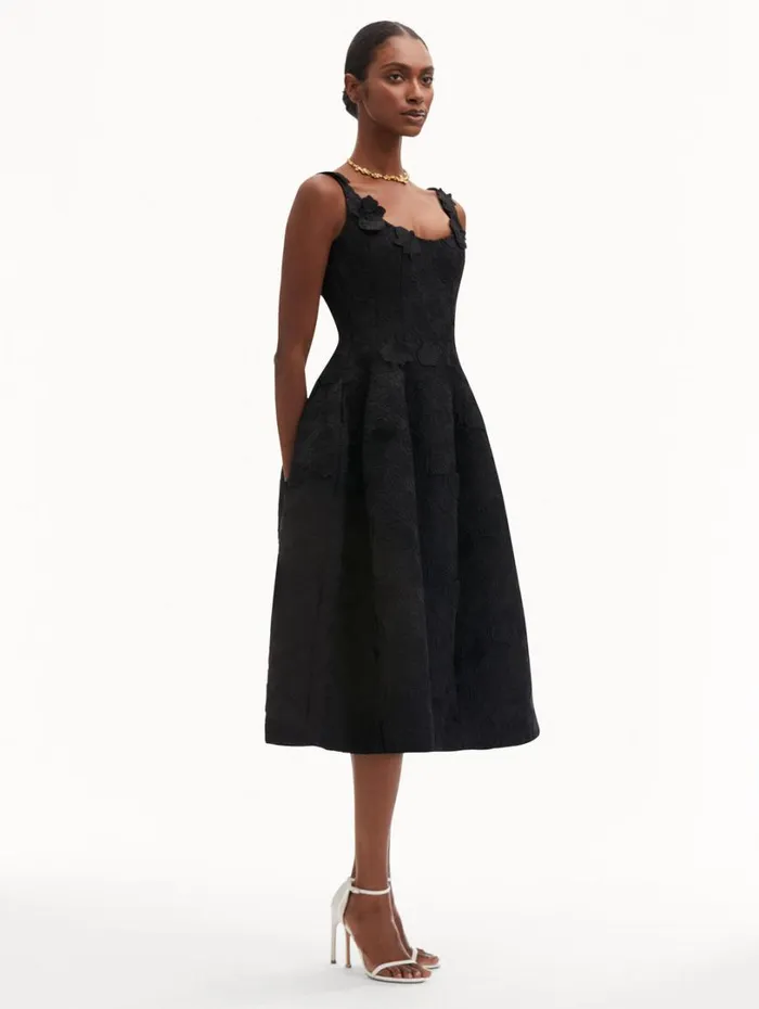 Oscar De La Renta Orchid Embroidered Guipure Dress Black Women Dresses Oscar De La Renta Orchid Embroidered Guipure Dress Black Women Dresses