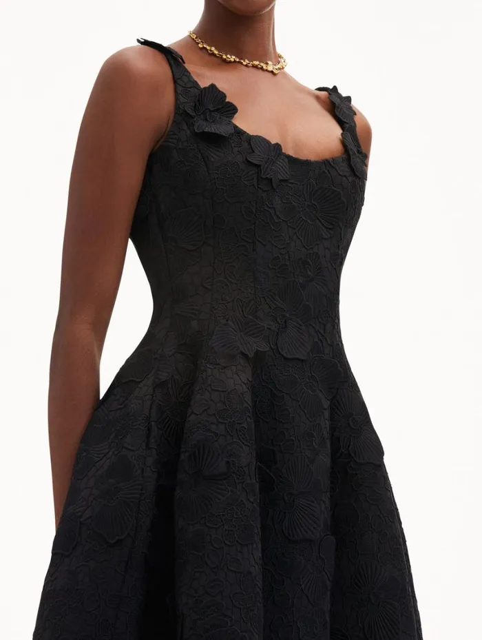 Oscar De La Renta Orchid Embroidered Guipure Dress Black Women Dresses Oscar De La Renta Orchid Embroidered Guipure Dress Black Women Dresses