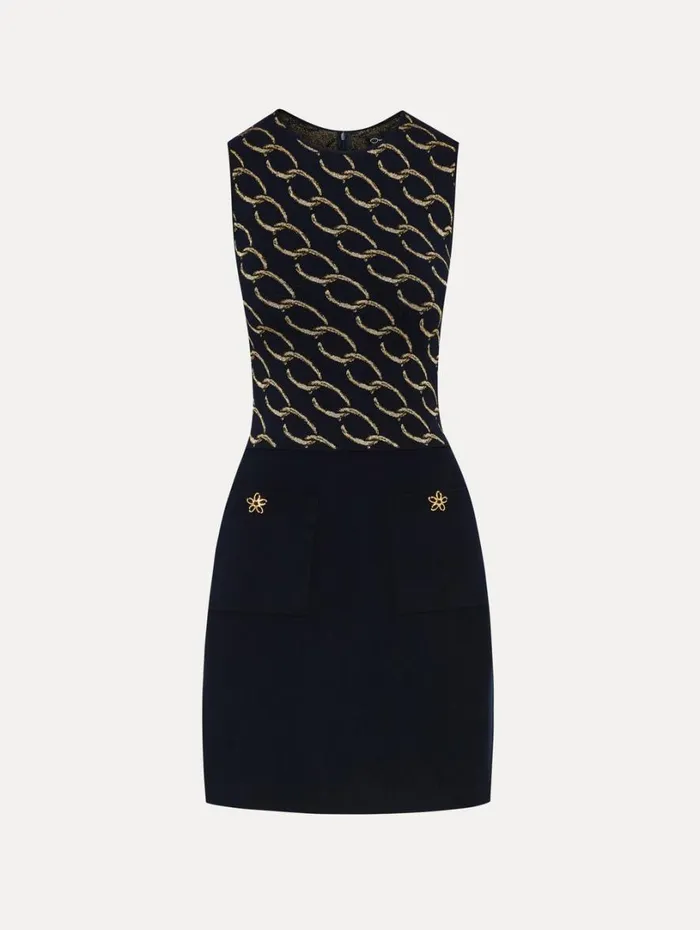 Oscar De La Renta Oscar ChainLink Knit Dress Navygold Women Dresses