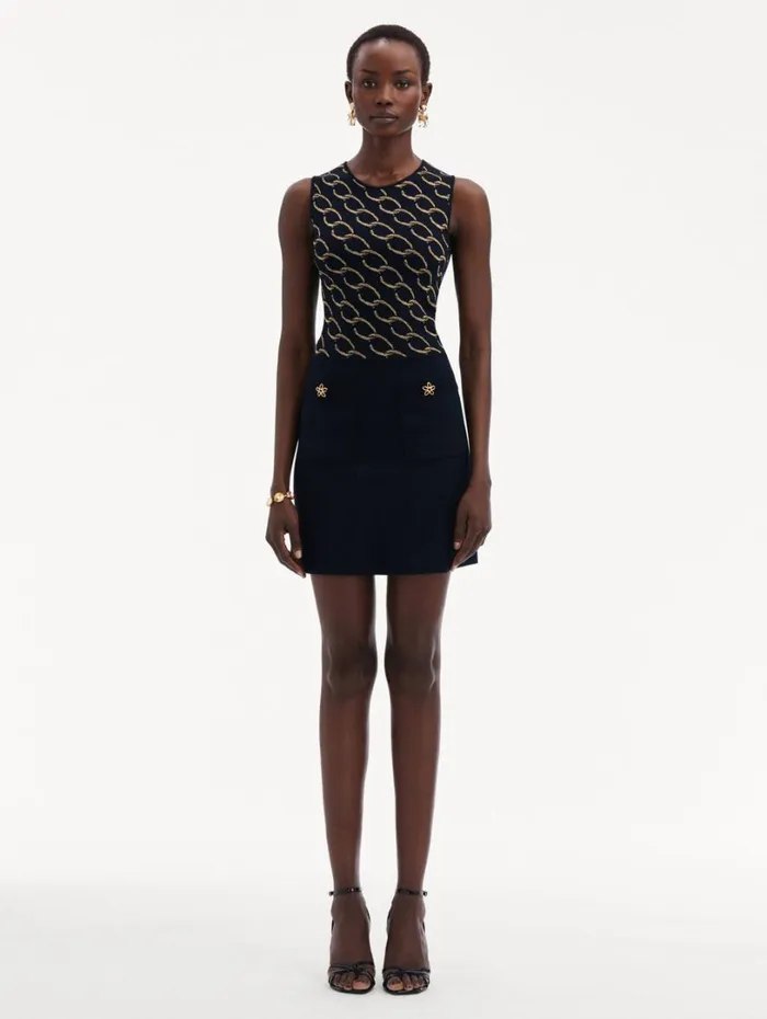 Oscar De La Renta Oscar ChainLink Knit Dress Navygold Women Dresses Oscar De La Renta Oscar ChainLink Knit Dress Navygold Women Dresses