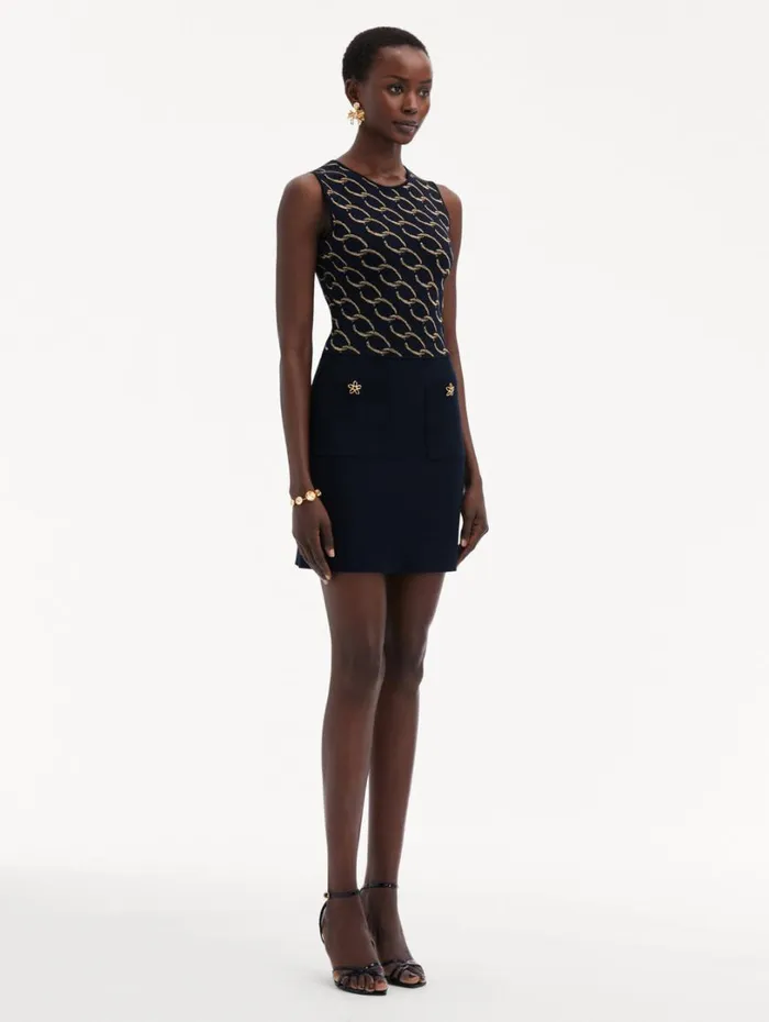 Oscar De La Renta Oscar ChainLink Knit Dress Navygold Women Dresses Oscar De La Renta Oscar ChainLink Knit Dress Navygold Women Dresses