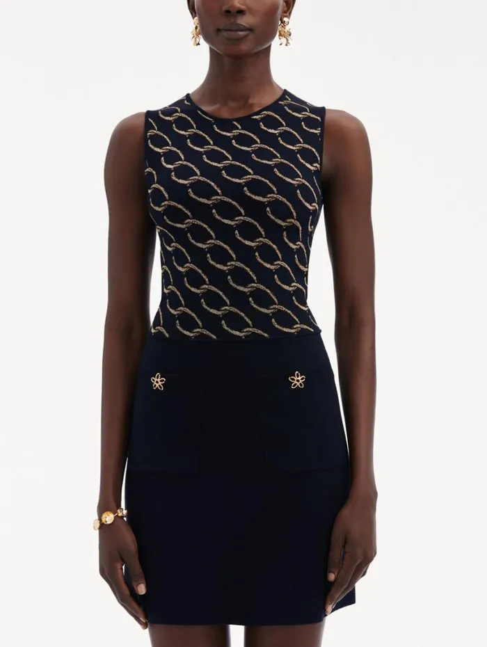 Oscar De La Renta Oscar ChainLink Knit Dress Navygold Women Dresses Oscar De La Renta Oscar ChainLink Knit Dress Navygold Women Dresses