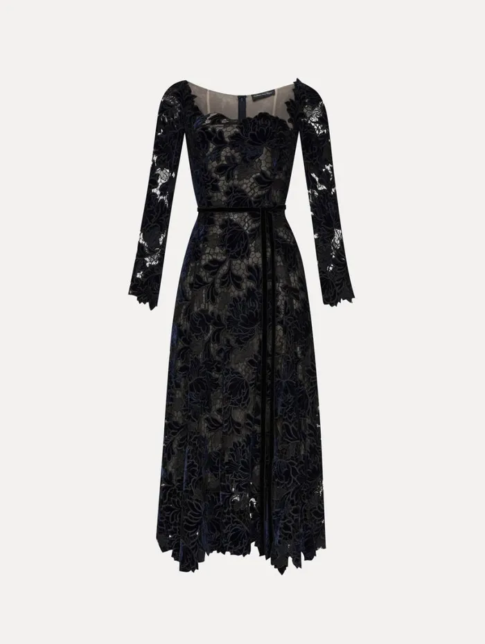 Oscar De La Renta Peony Velvet Guipure Dress Navy Women Dresses
