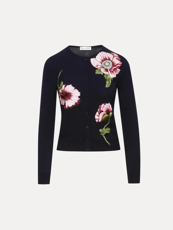 Oscar De La Renta Poppy Threadwork Cardigan Navy Pink Women Blouses and Knits
