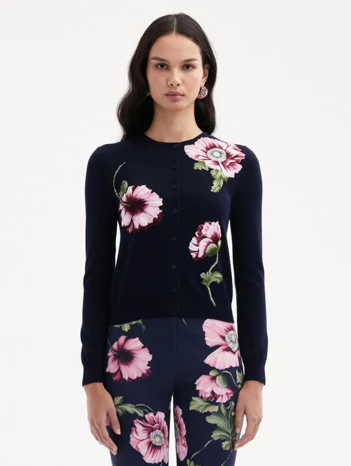 Oscar De La Renta Poppy Threadwork Cardigan Navy Pink Women Blouses and Knits