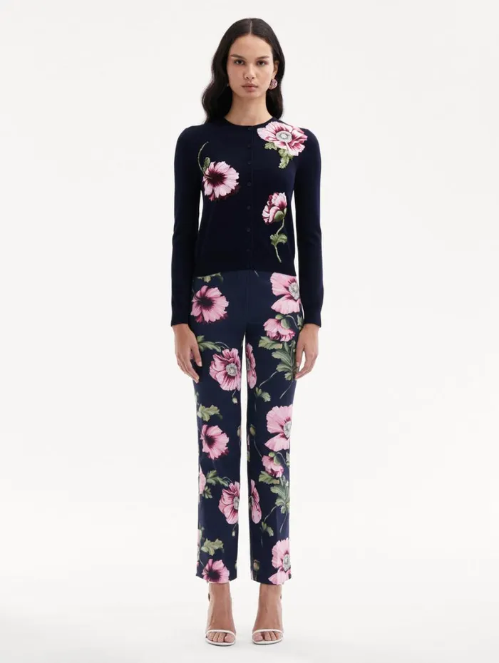 Oscar De La Renta Poppy Threadwork Cardigan Navy Pink Women Blouses and Knits