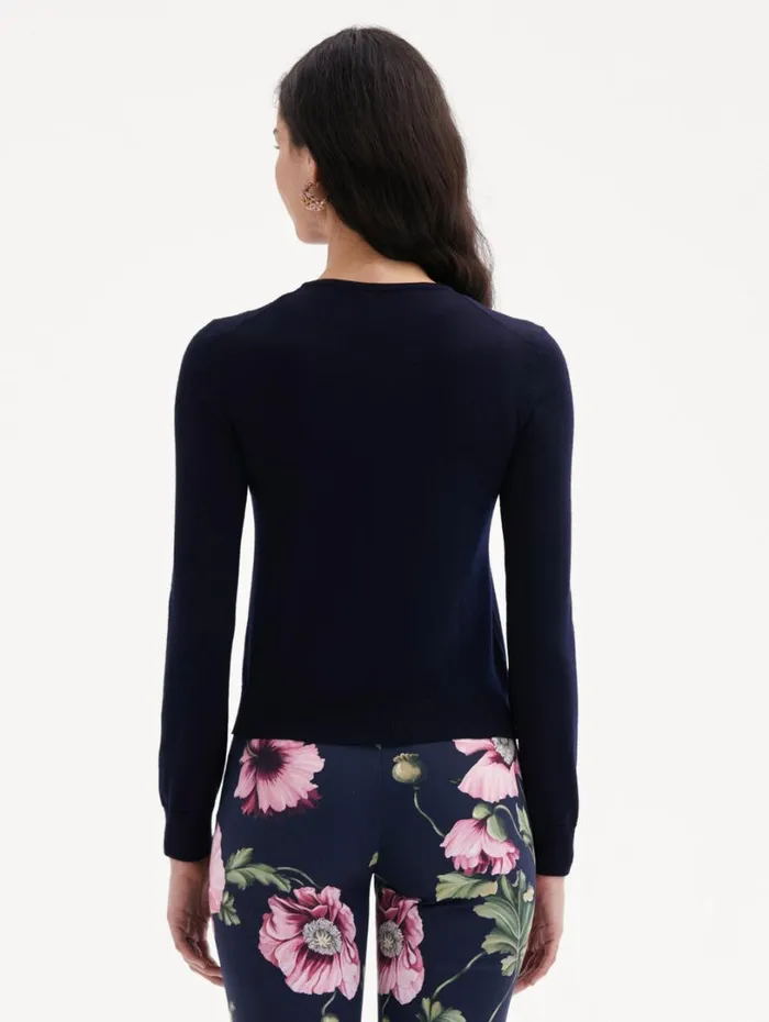 Oscar De La Renta Poppy Threadwork Cardigan Navy Pink Women Blouses and Knits