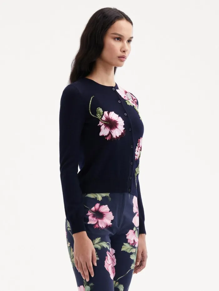 Oscar De La Renta Poppy Threadwork Cardigan Navy Pink Women Blouses and Knits