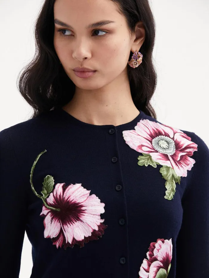 Oscar De La Renta Poppy Threadwork Cardigan Navy Pink Women Blouses and Knits