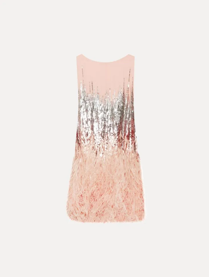 Oscar De La Renta Sequin and Feather Embroidered Dress Blush Women Dresses