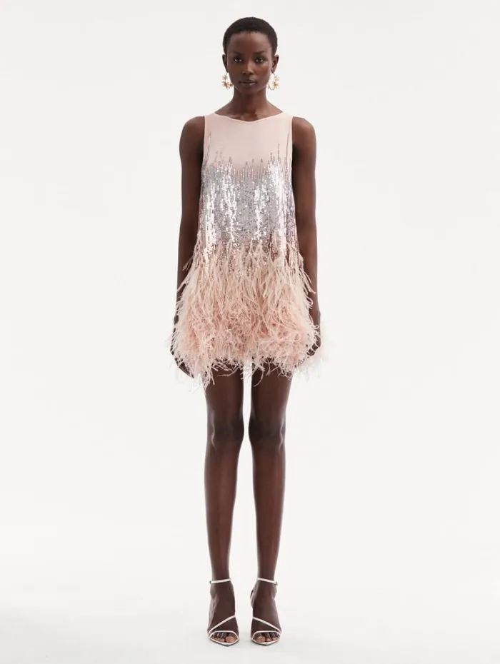 Oscar De La Renta Sequin and Feather Embroidered Dress Blush Women Dresses Oscar De La Renta Sequin and Feather Embroidered Dress Blush Women Dresses